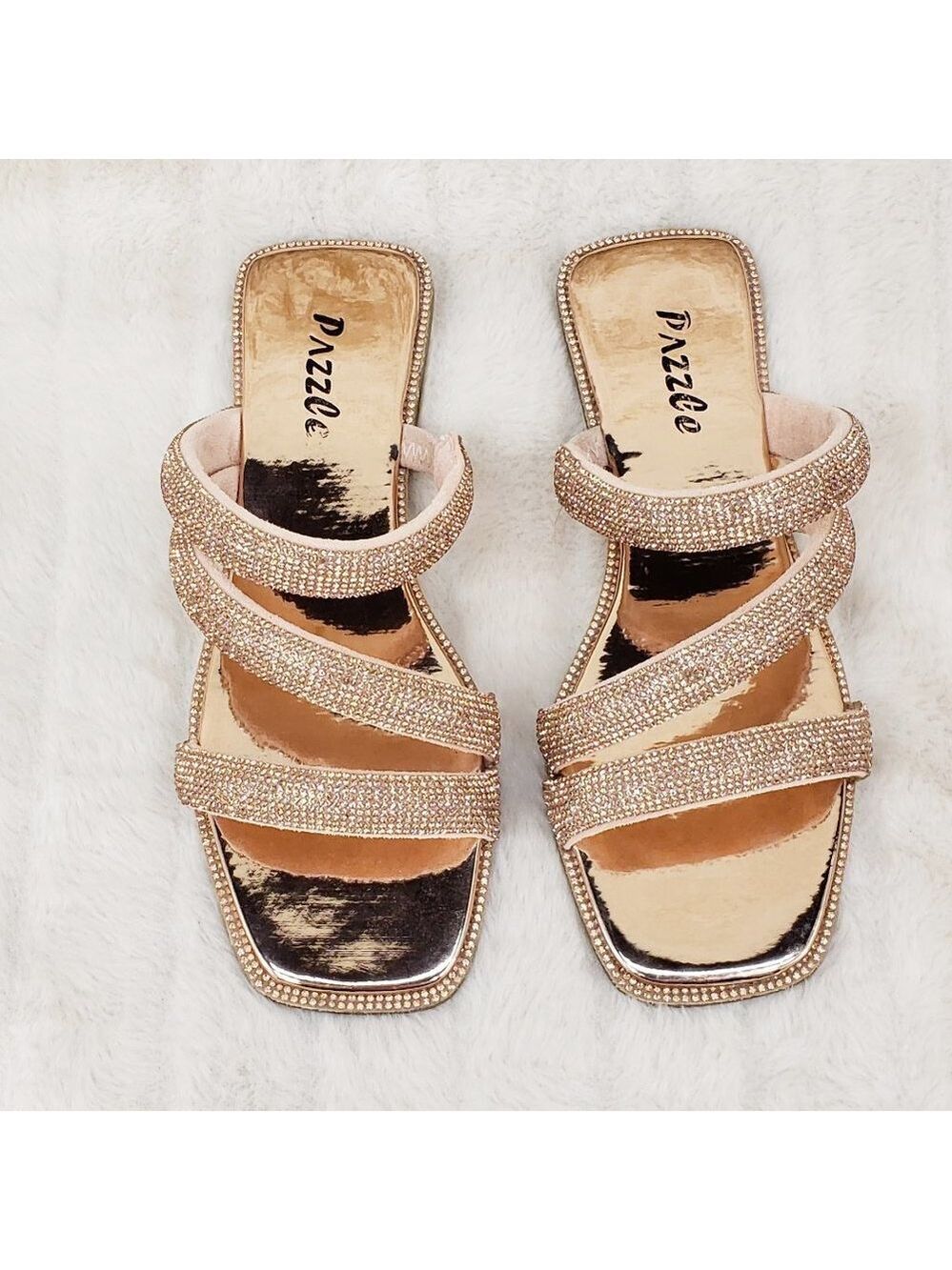 Padded Triple Strap Slip On Rose Gold Rhinestone Sandals